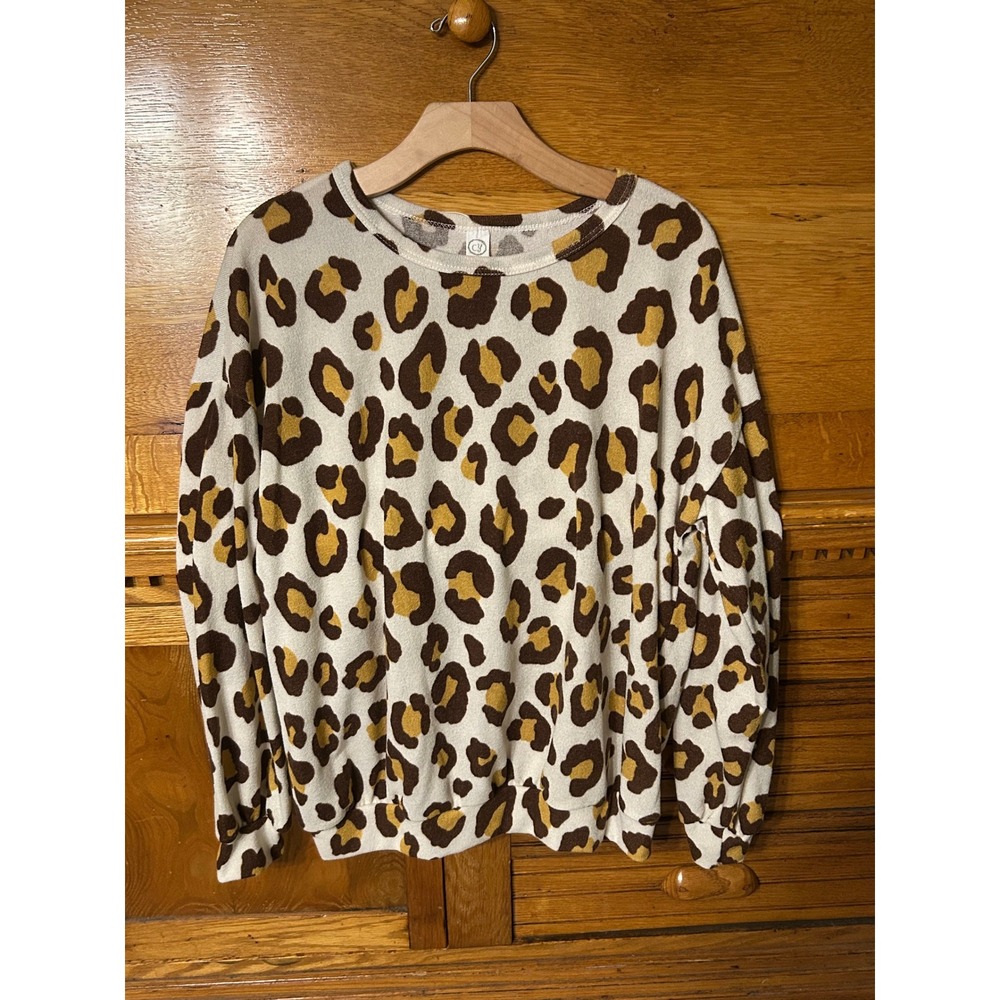 Y2K Indie Sleaze Leopard Print Crew Neck Long Sleeve Top Brown Mustard Statement